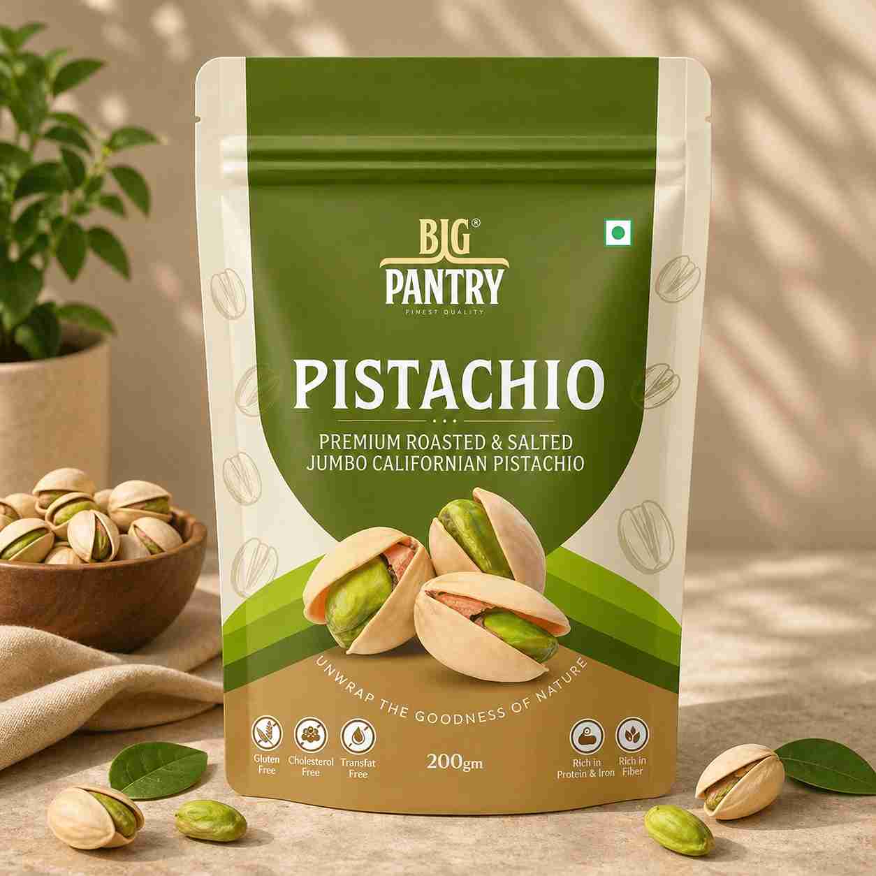 Big Pantry Premium Unsalted Pistachios 200g pouch, front view